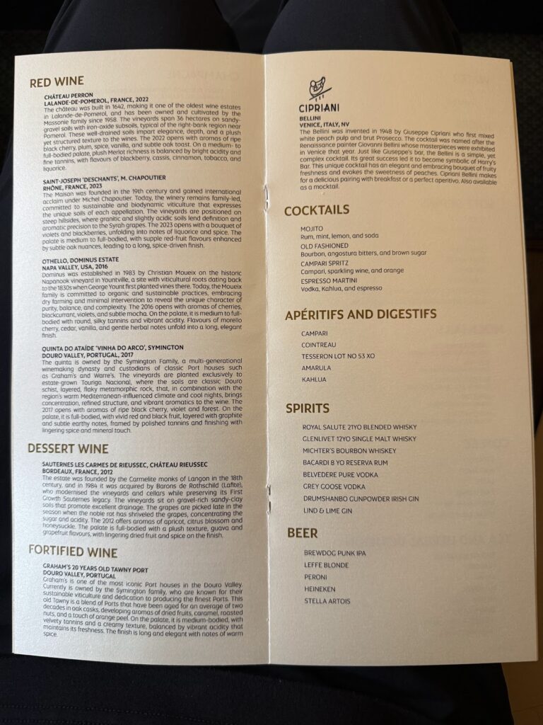 Etihad first class drinks menu showing wines and cocktails