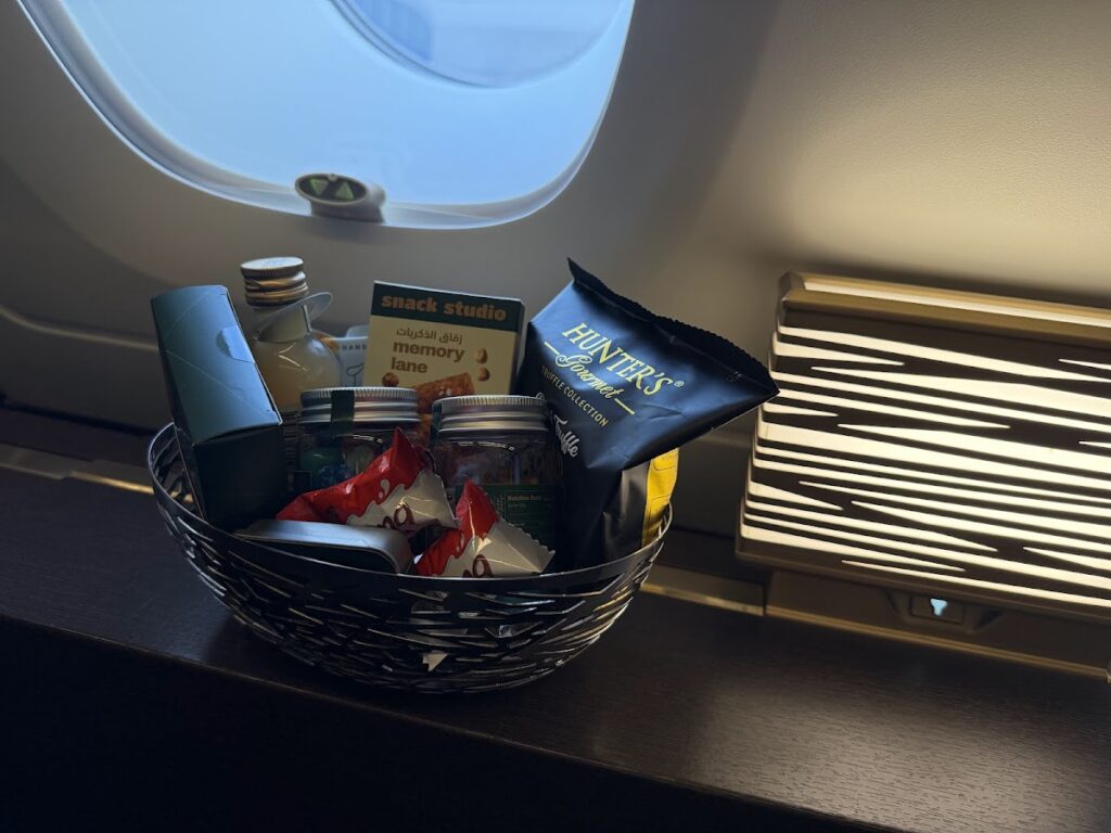 Snack basket by window in Etihad A380 Apartments