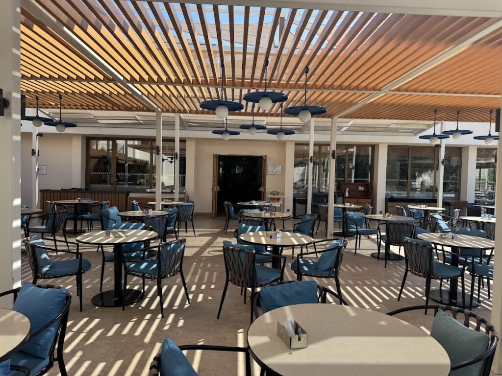 Modern terrace dining area with wooden pergola and blue chairs