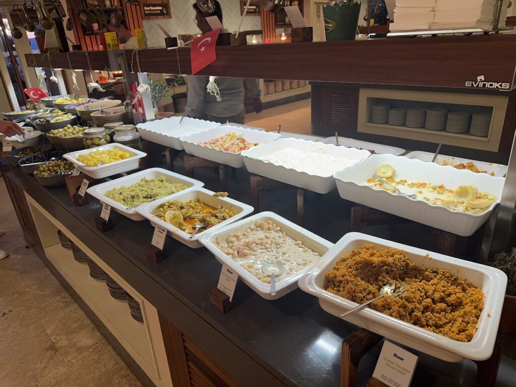 Hot dishes and prepared foods in buffet line