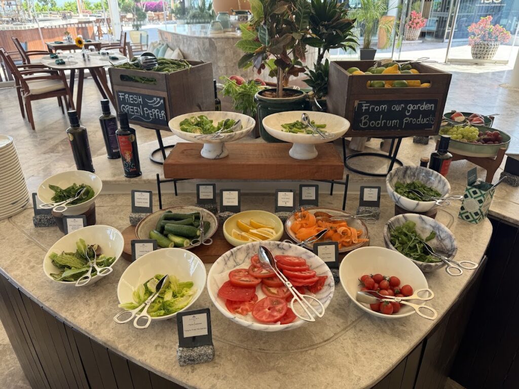 Breakfast buffet display featuring fresh Bodrum produce and garden ingredients