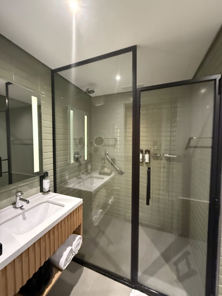 Modern bathroom with walk-in shower and vanity