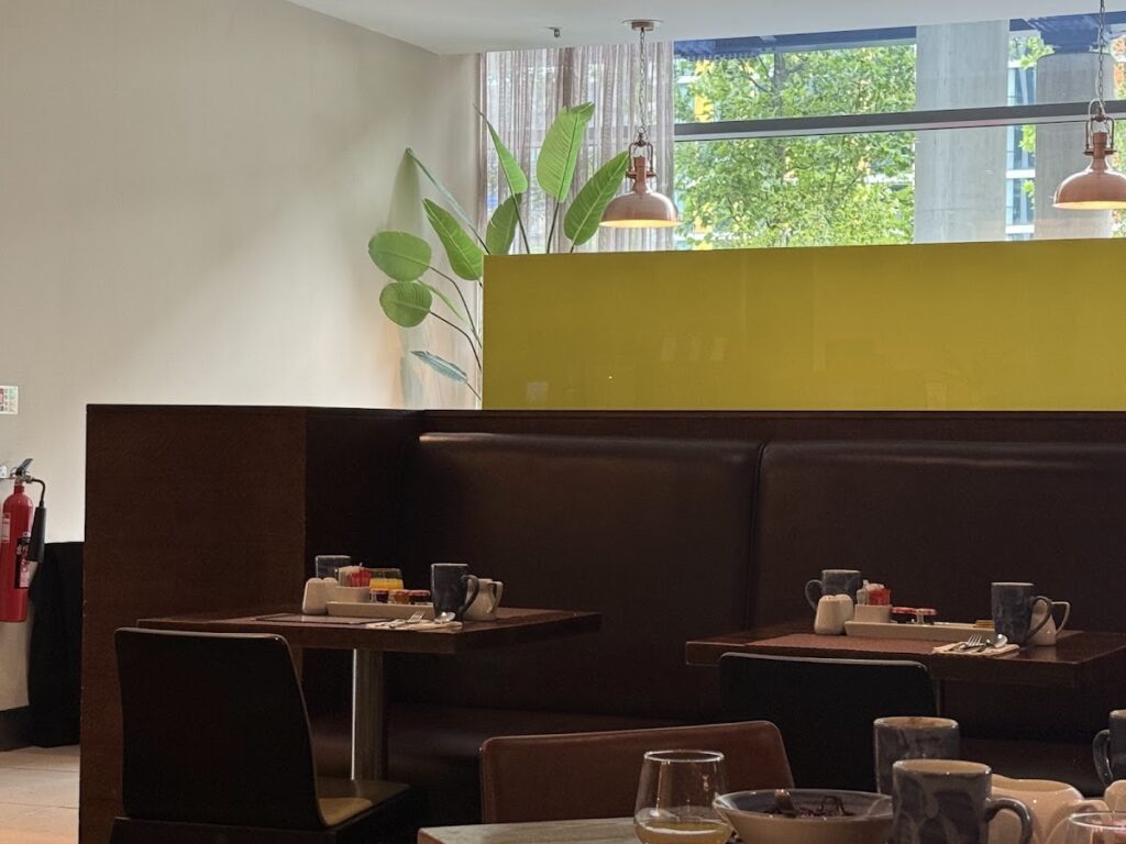 Hotel restaurant interior at Hilton Canary Wharf