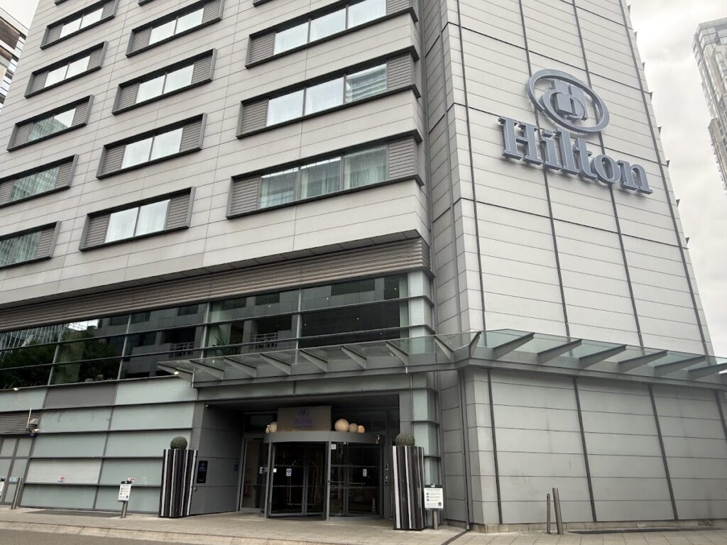 Hilton Canary Wharf hotel exterior entrance facade