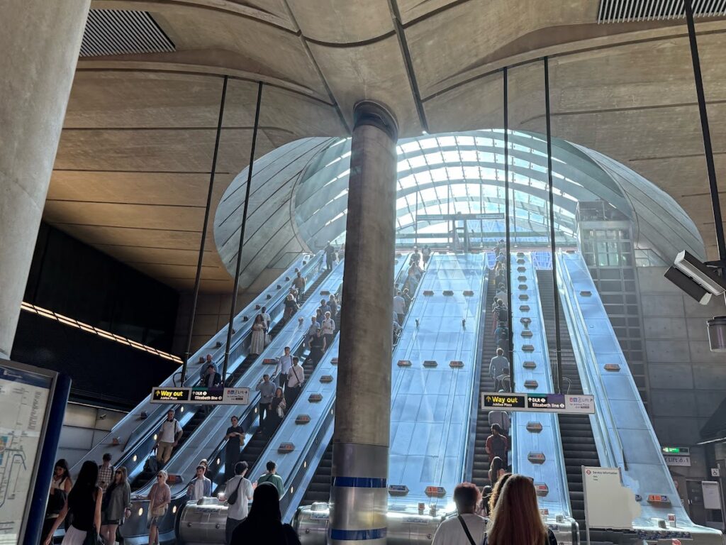 Canary Wharf tube station escalators with skylight