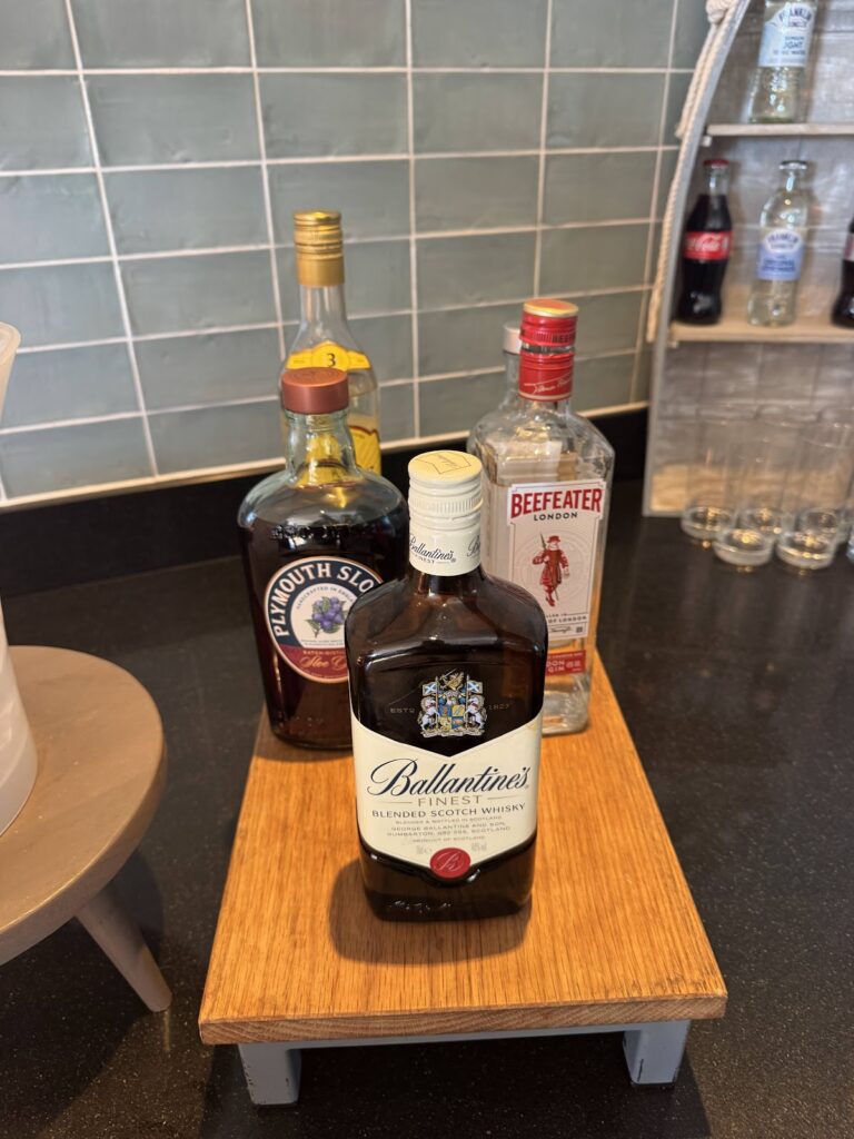 Minibar selection including Ballantine's, Beefeater, Plymouth Gin bottles