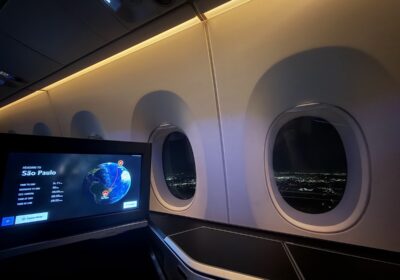 A350 cabin windows showing night flight to São Paulo