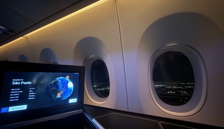 A350 cabin windows showing night flight to São Paulo