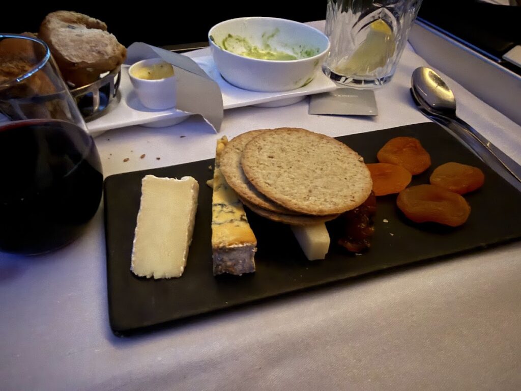 Cheese, bread and appetizers on Club Suite tray
