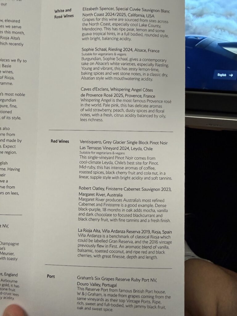 BA wine menu showing red and white wine selections.