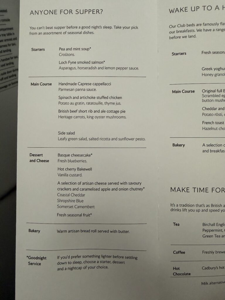 Club Suite dinner menu with main and dessert options