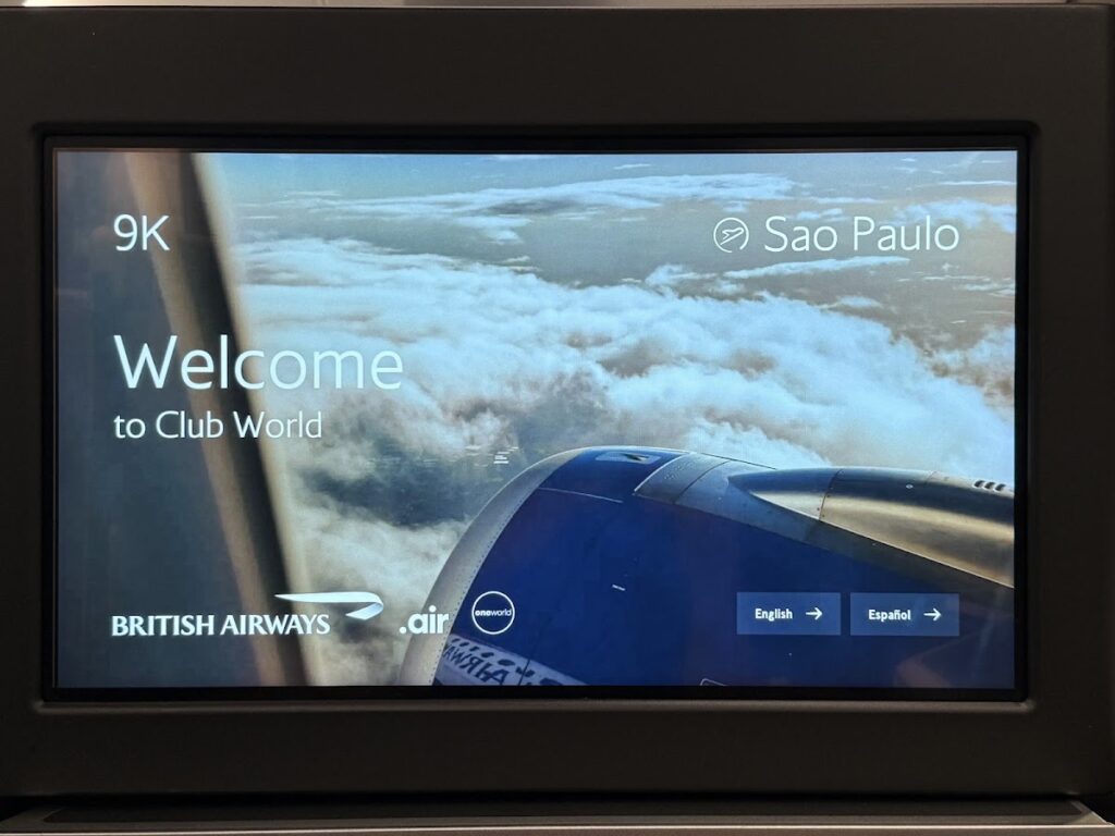 Club Suite welcome screen showing seat 9K to São Paulo