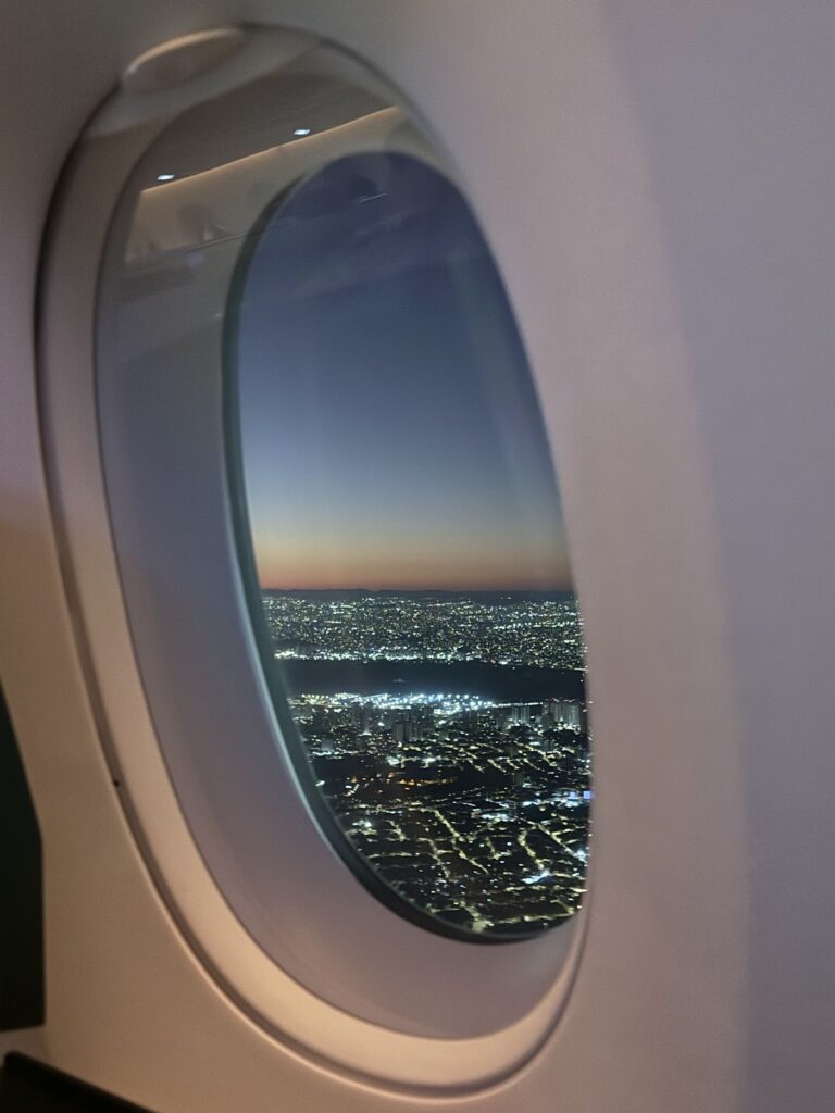 A350 window view of Sao Paulo lights at dawn