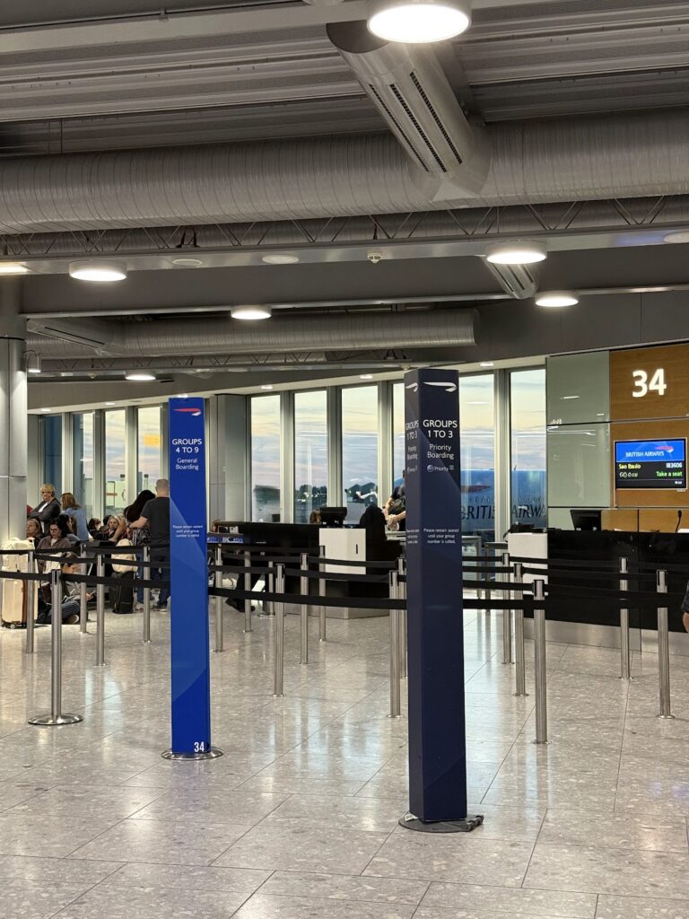 British Airways gate 34 boarding area and queue