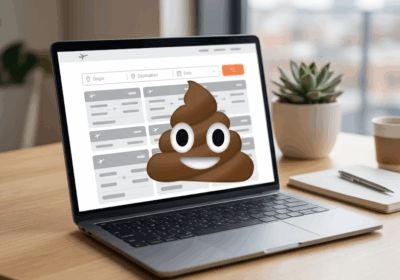 Enshitified flight booking site laptop and poop