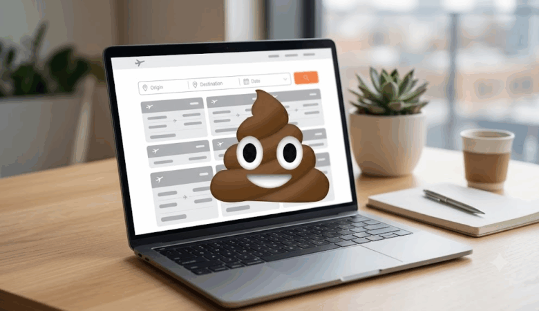 Enshitified flight booking site laptop and poop
