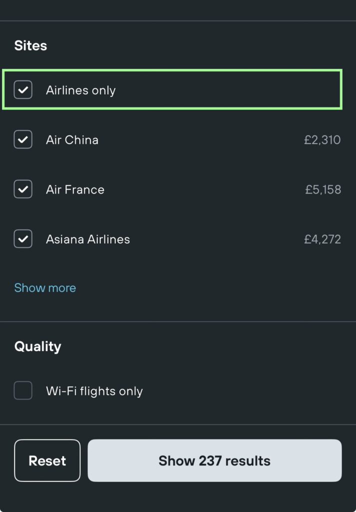 On Kayak, filter prices to only show airlines