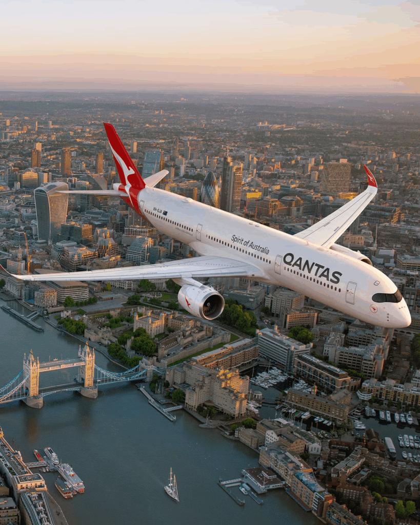 Image of a Qantas A350-1000ULR over central London (source: Qantas)