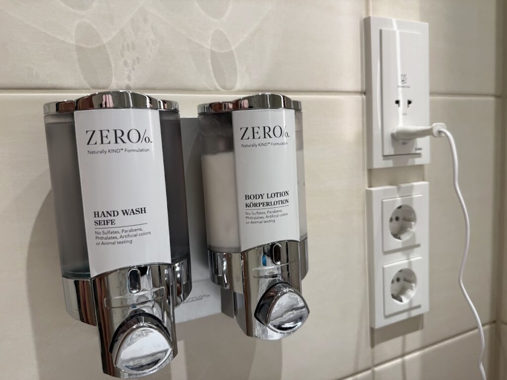 ZERO% hand wash and body lotion dispensers in bathroom