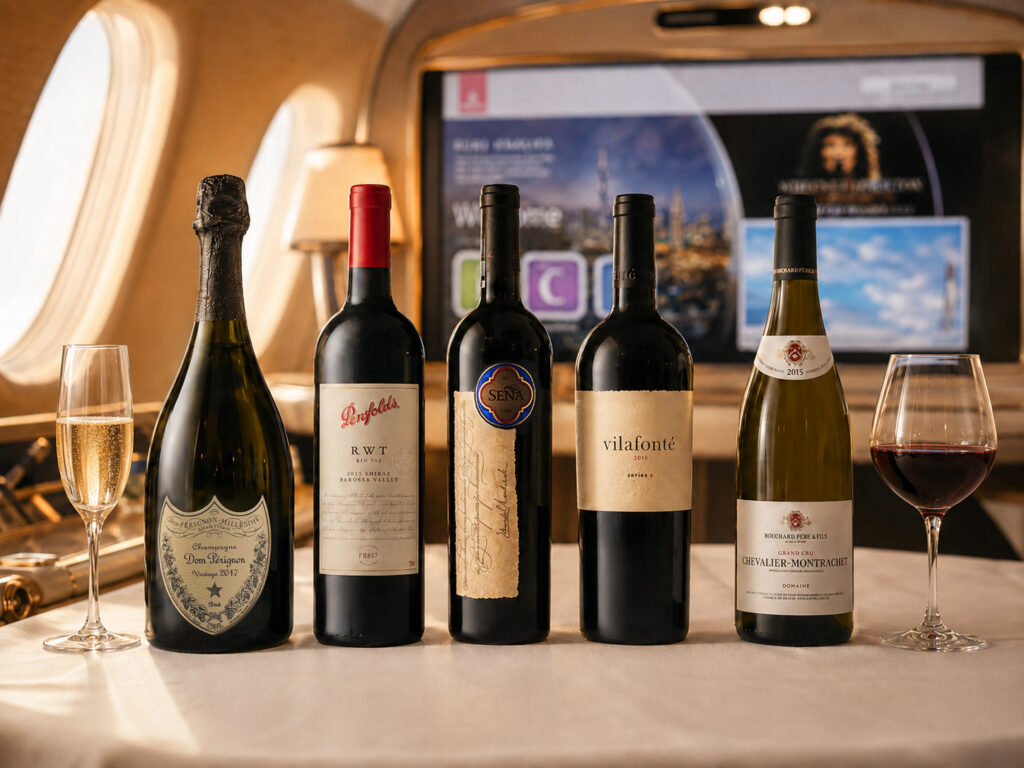 Luxury wines displayed with glasses in first class cabin