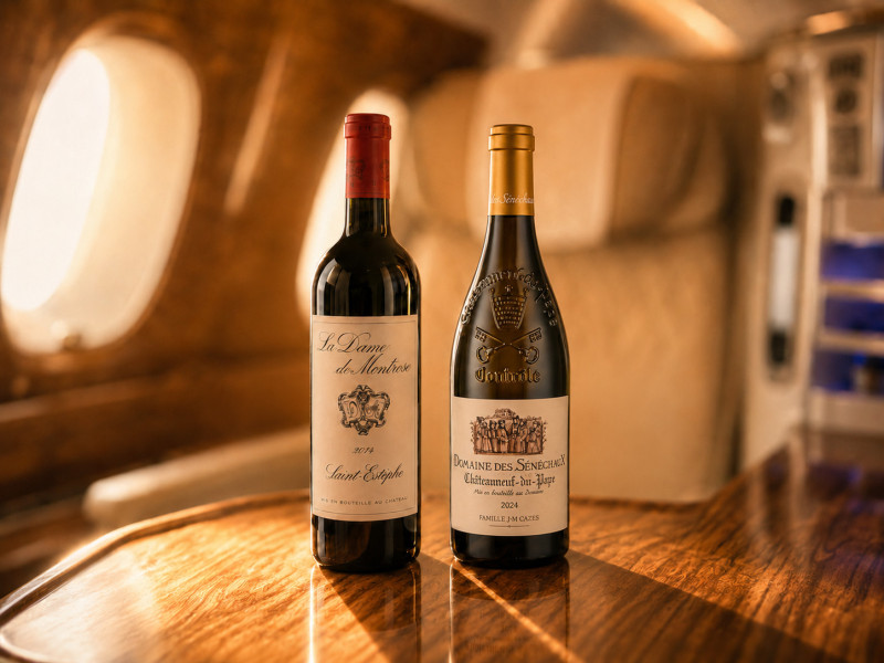 Premium wine bottles displayed inside aircraft cabin