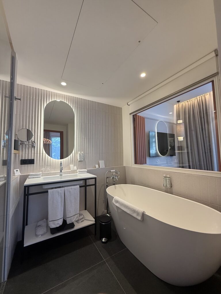 Modern bathroom with freestanding tub and vanity mirror