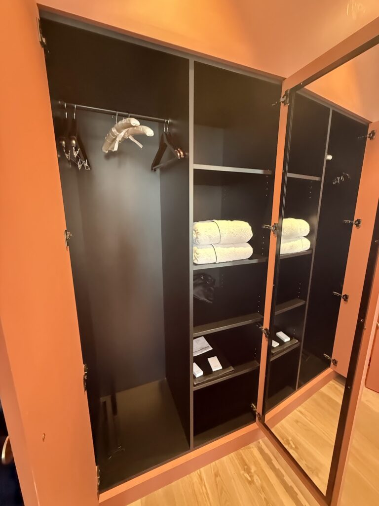 Modern wardrobe closet with glass doors and shelving