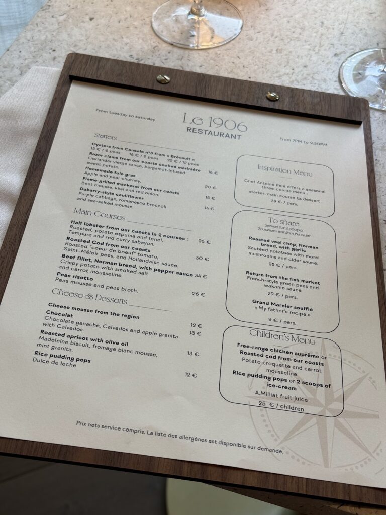 Le 1906 Restaurant menu with French fine dining offerings
