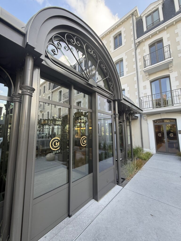 Ornate entrance canopy of Grand Hotel de Courtoisville St-Malo