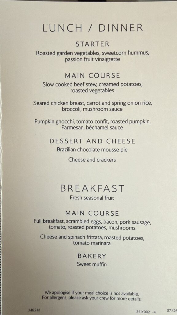 BA premium economy menu with lunch and breakfast options