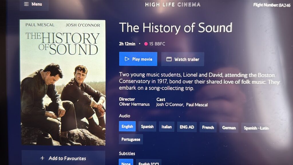 In-flight entertainment system showing movie selection