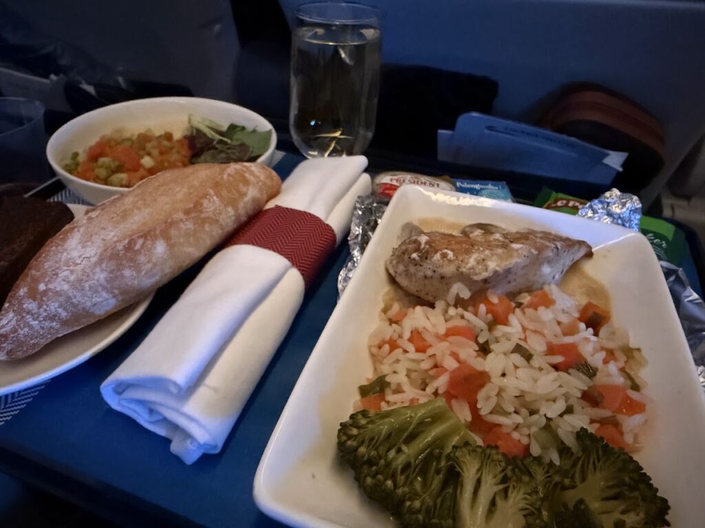 Premium economy dinner service with fish entrée and sides