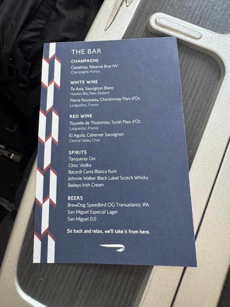 British Airways Club Europe bar menu with champagne and wine