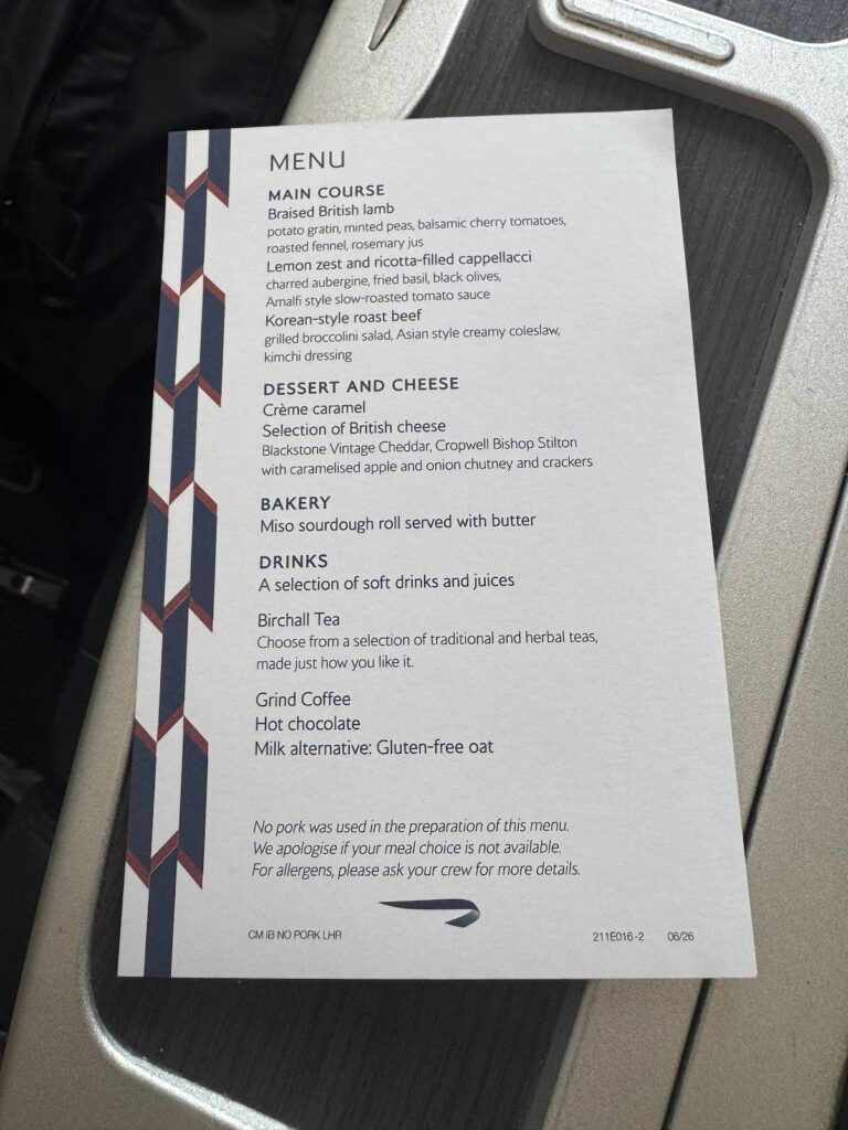 Club Europe flight menu with lamb, cappellacci, beef options
