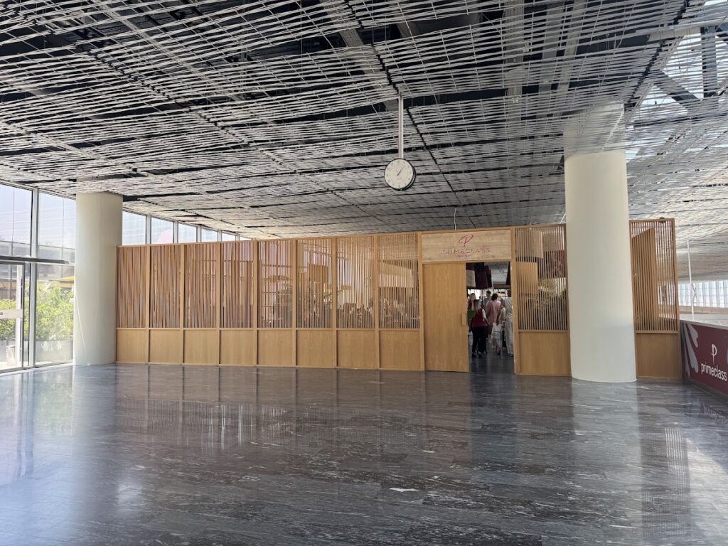 Airport terminal departure lounge with wooden partitions