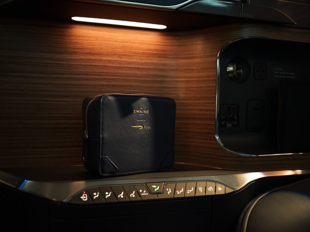 BA new First Class amenity kit with Swaine luxury branding