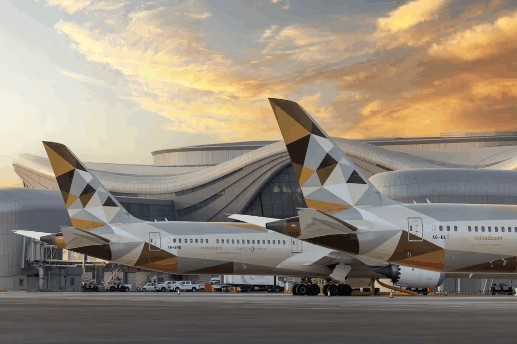 Etihad tail fins on stand at Abu Dhabi Zayed International Airport