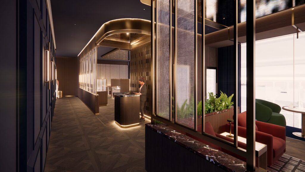 Modern British Airways lounge corridor with golden lighting