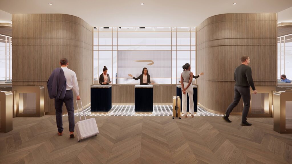Luxury airport lounge with curved wooden panels and staff