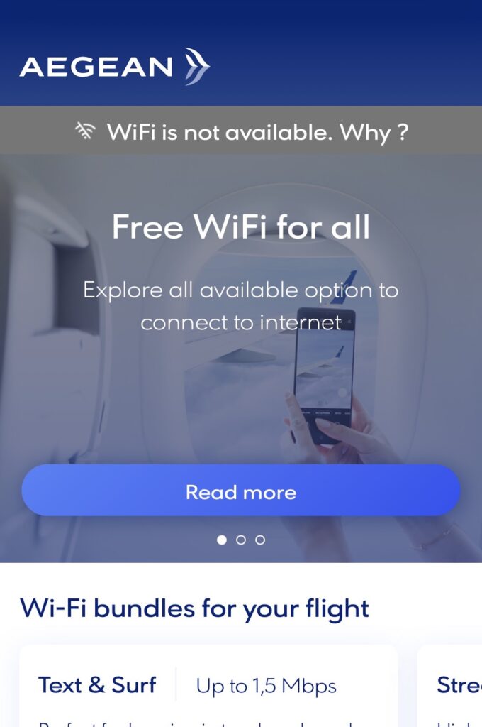 Aegean Airlines WiFi information screen showing availability options