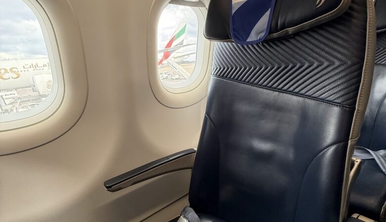 Aegean Airlines business class seat with window view at Athens