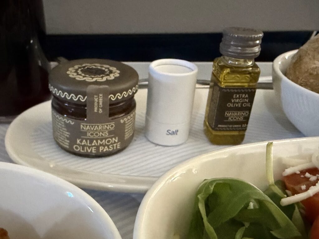 Aegean Airlines business class Greek appetizers and olive oil