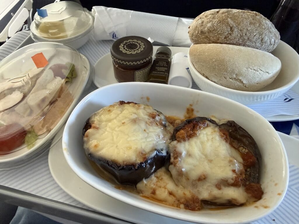 Aegean Airlines business class main course eggplant
