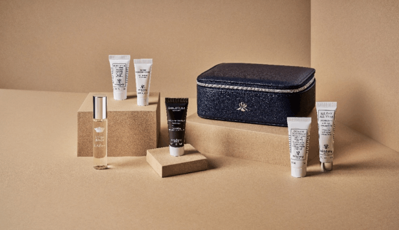 Singapore Airlines amenity kit with Sisley luxury toiletries and dark