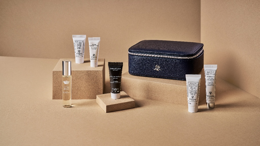 Singapore Airlines amenity kit with Sisley luxury toiletries and dark